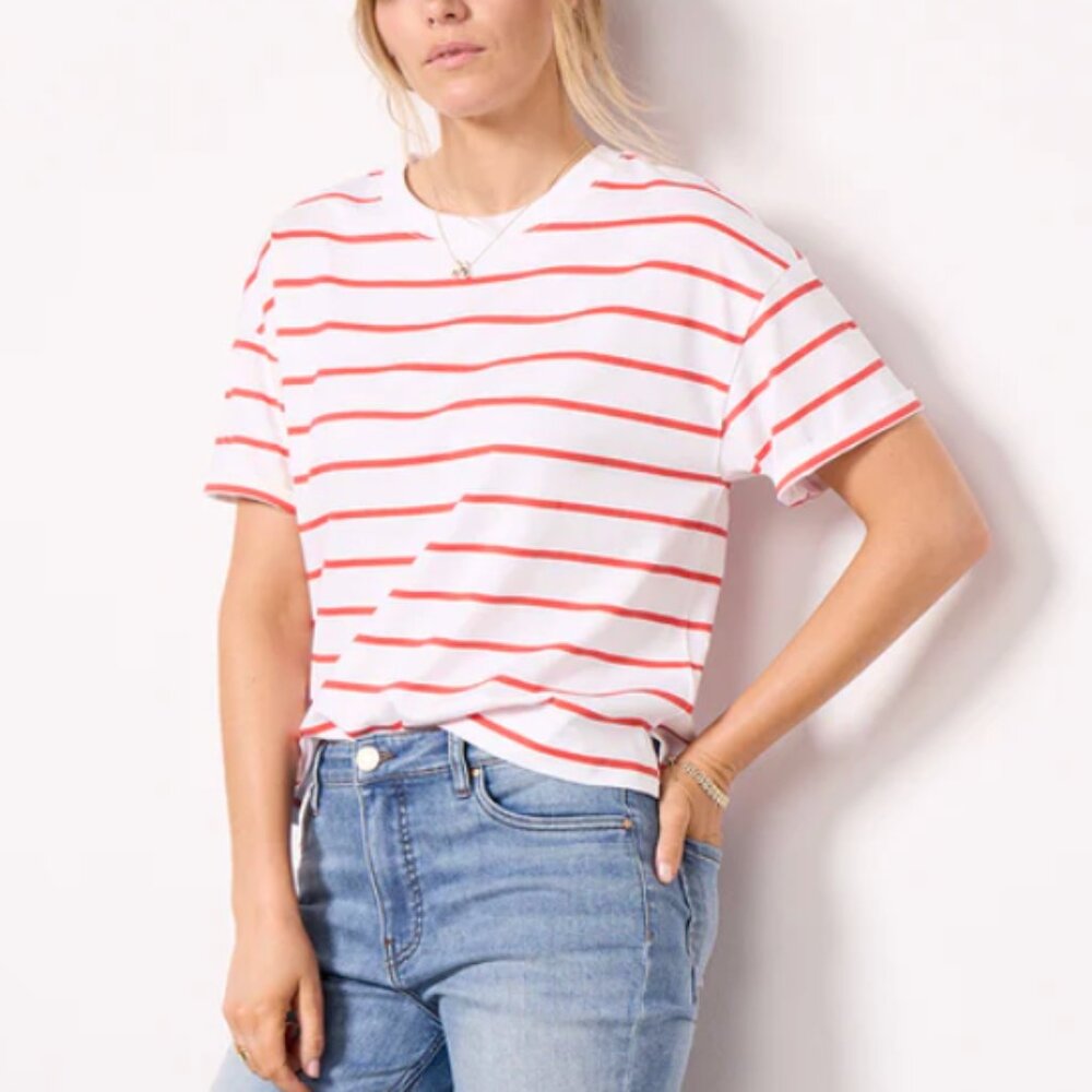 Evereve Ever Perfect Tee White Red Stripe Size S